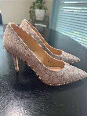 Coach Beige Signature Canvas Pointed Toe Heels with Gold Stud Trim